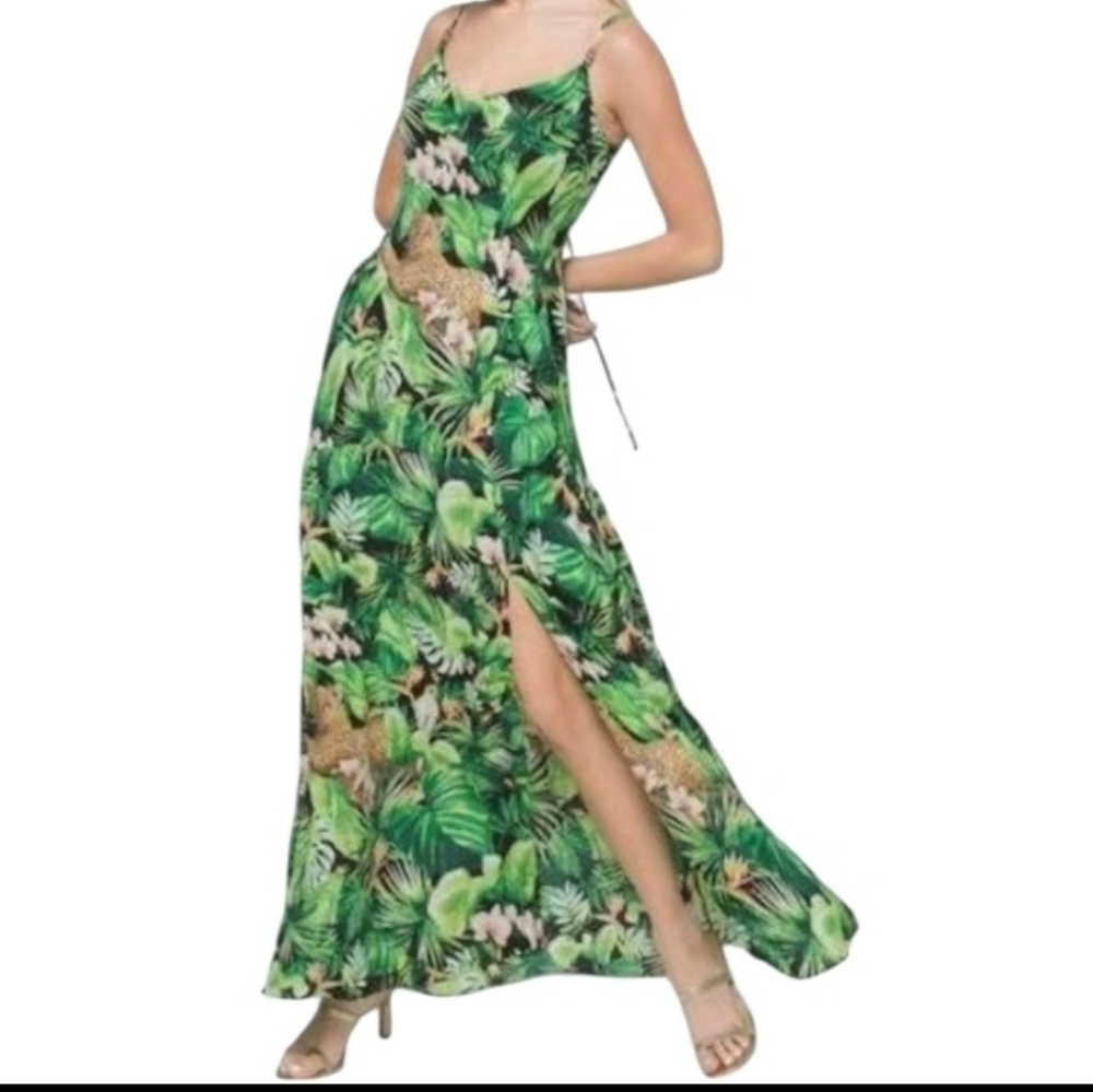 White House Black Market Safari Jungle Cat Maxi Dress Cheetah Lace Up Back 0